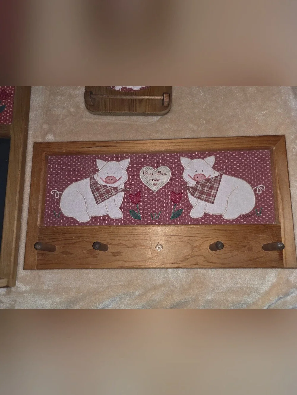 Vintage 1980s Wall Mounted Wooden Hooks Floral Fabric Pig Design